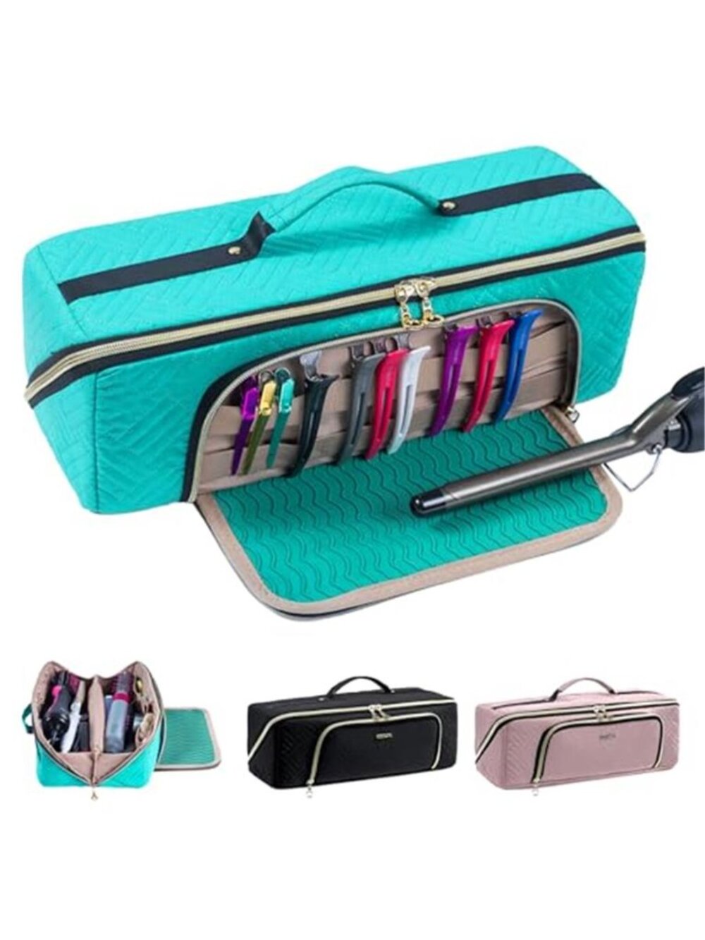 Teal Large Travel Bag Hair Tools Organizer Flat Iron Curling Makeup Toiletry